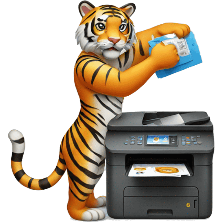 a tiger standing in a human pose with a printer in its hands emoji