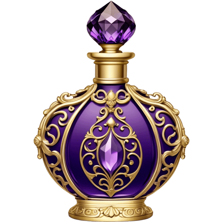 A luxurious French vintage-style perfume bottle in deep purple, with an ornate crystal stopper and intricate gold filigree detailing. The bottle has an elegantly curved shape, reminiscent of classic 18th-century perfume designs. It sits atop a delicate lace-covered vanity table, surrounded by pearls and antique silver accessories. Soft candlelight casts a warm, romantic glow, highlighting the rich texture of the glass and metallic accents emoji