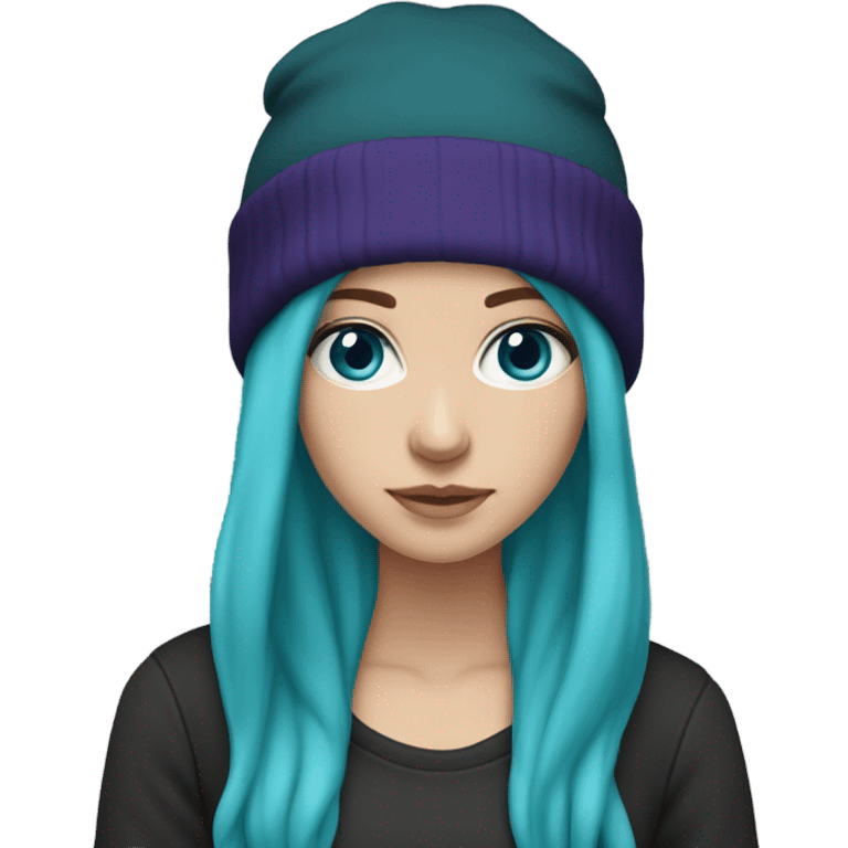 White girl, blue eyes, long teal hair, purple beanie hat, black hoodie emoji