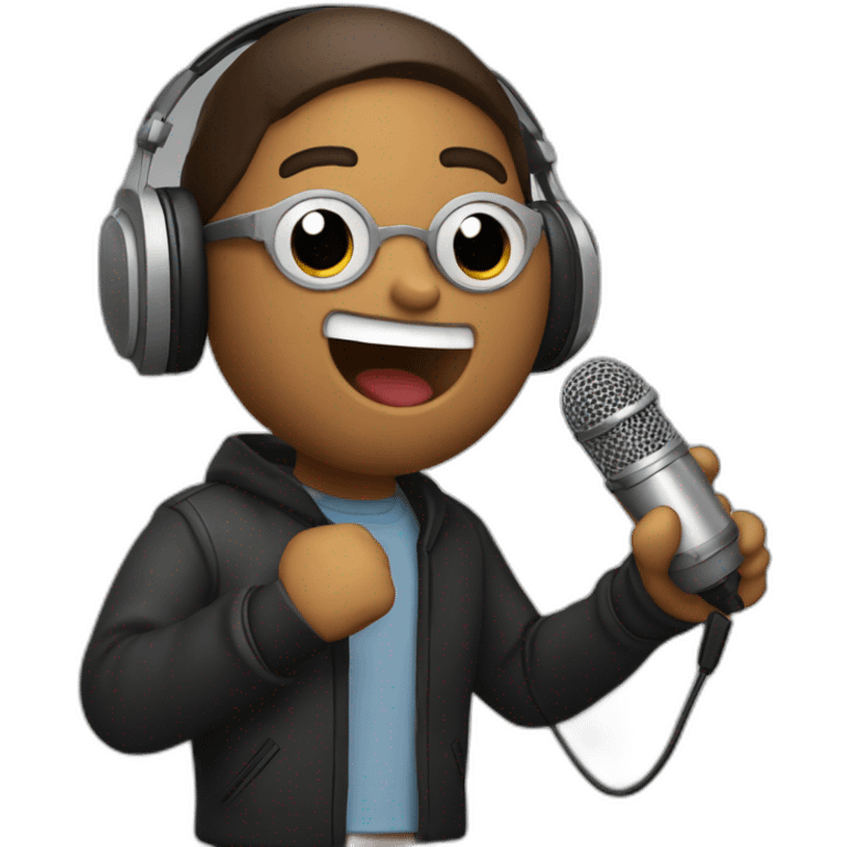 rapero cantando con un microfono de base y audifonos emoji