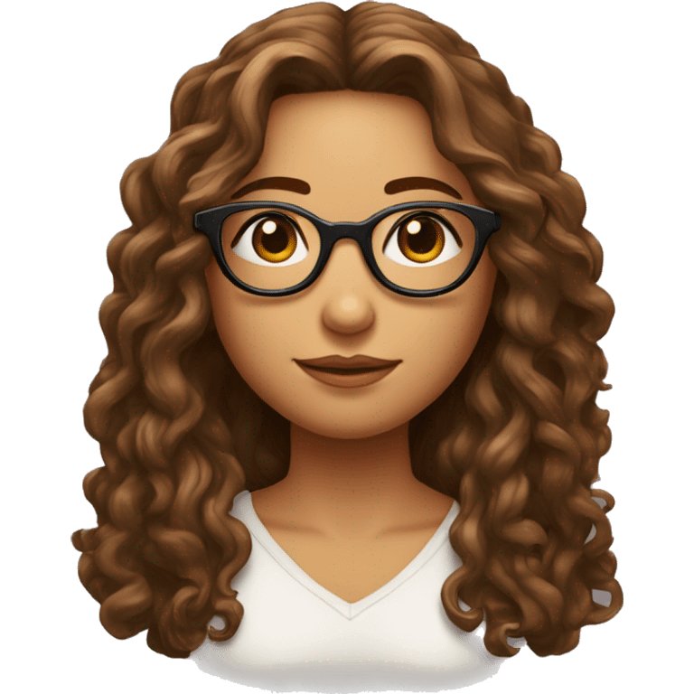 Fille aux cheveux longs brun frisés en bout avec des lunettes et un pendentif jesus emoji