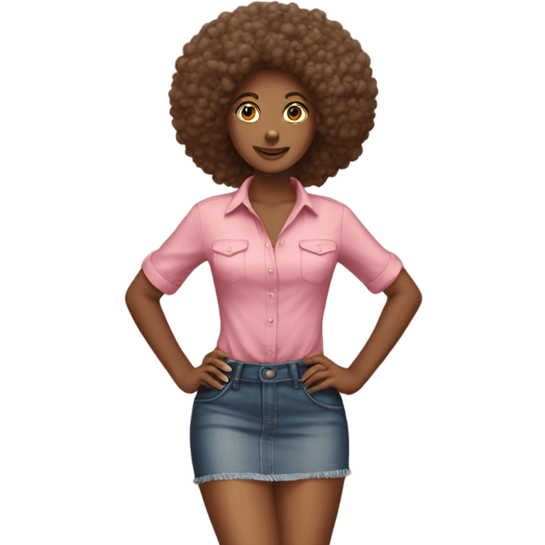 Tan girl with Afro posing full body jean skirt pink shirt emoji