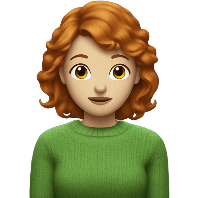 Redhead woman with bangs and hazel eyes, wearing a green sweater emoji