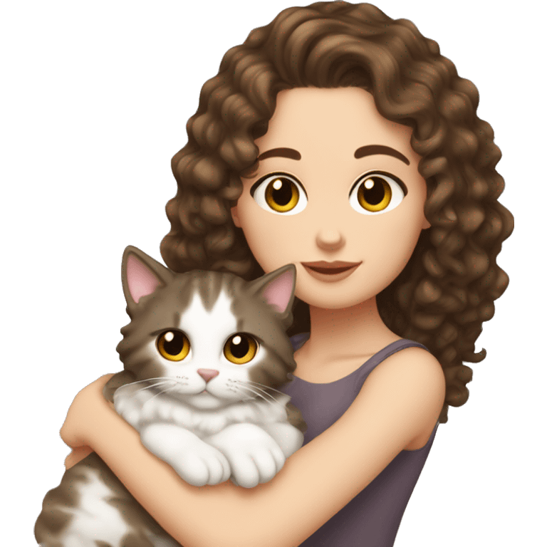 White Girl long curly brunette hair cuddling with cat emoji