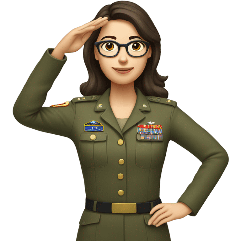 a caucasian brunette female with glasses making the military salute with her hand next to her head emoji