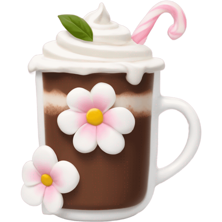 Hot chocolate with pale pink flower and whipped cream emoji