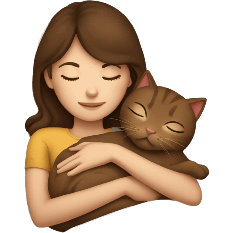 brown haired girl sleeping with brown cat in bed emoji