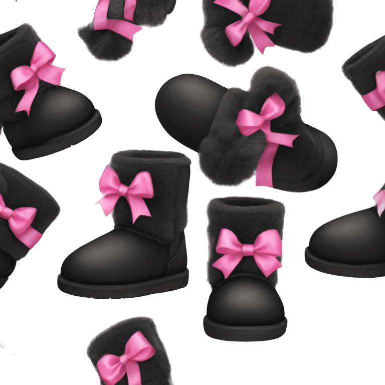 Realistic black Ugg fur boots with pink ribbon bows and stitching isolated.  emoji