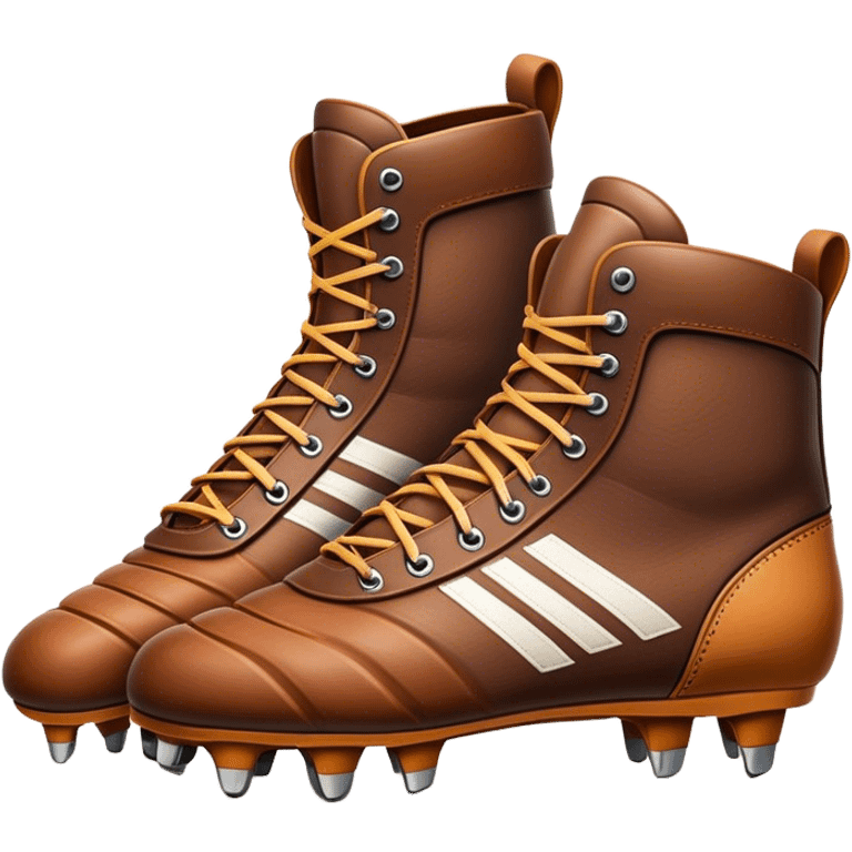 Cinematic Realistic image of a pair of rugby boots, showcasing sturdy leather construction, detailed cleat patterns and textured surfaces, illuminated by vibrant outdoor lighting that captures their athletic purpose emoji