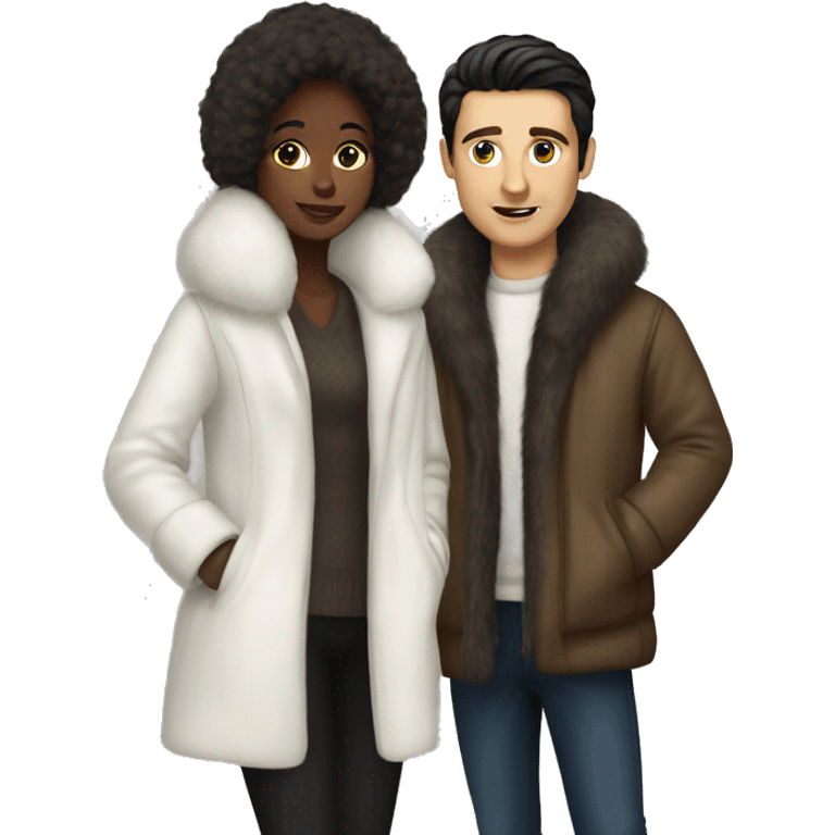 Dark haired White couple in long fur coats emoji