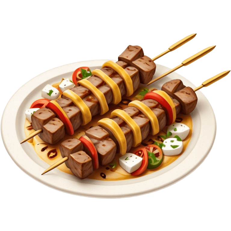 Cinematic Realistic Souvlaki Dish Emoji, showcasing skewered, grilled meat with Mediterranean spices rendered with dynamic textures and warm, appetizing lighting. emoji