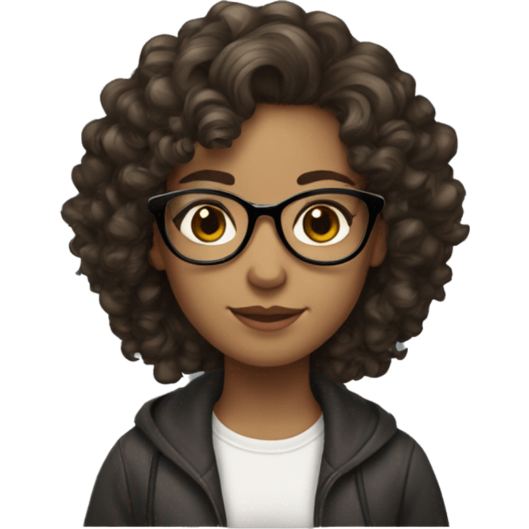 A girl with curly brown hair, brown eyes, Black glasses, freckles White skin Long hair emoji