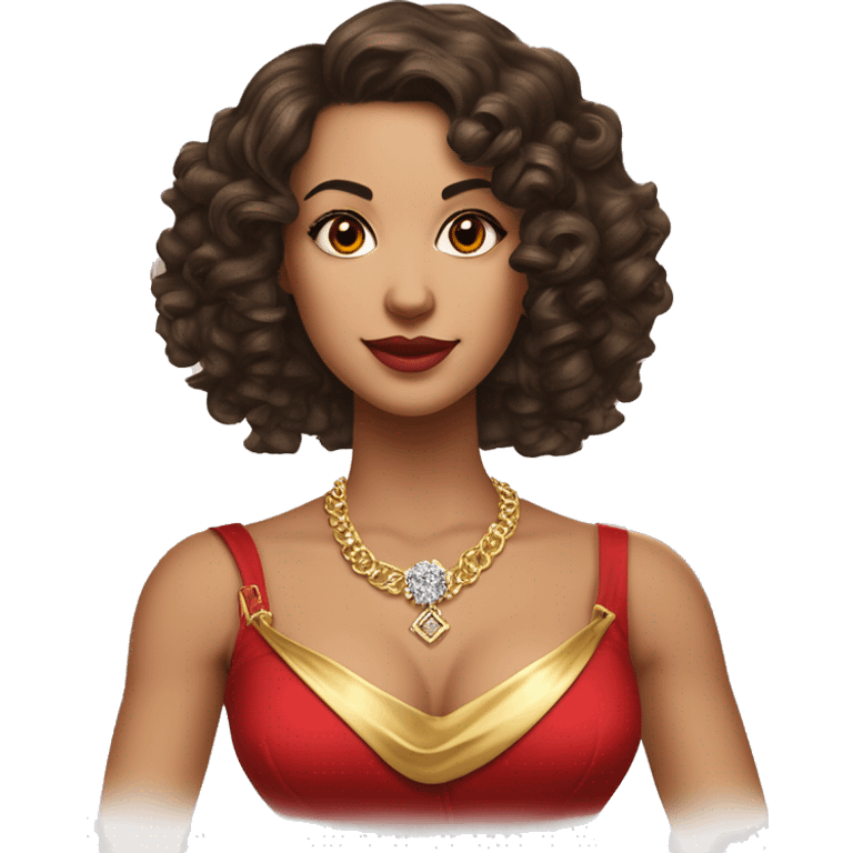 brunette woman with curly hair below the shoulder. loose curls and hair E parted on the left side. hair with more volume on the straight side. dark eyes. dressed in red sash top. wearing a golden necklace and a diamond tip. busty. medium size eyes emoji