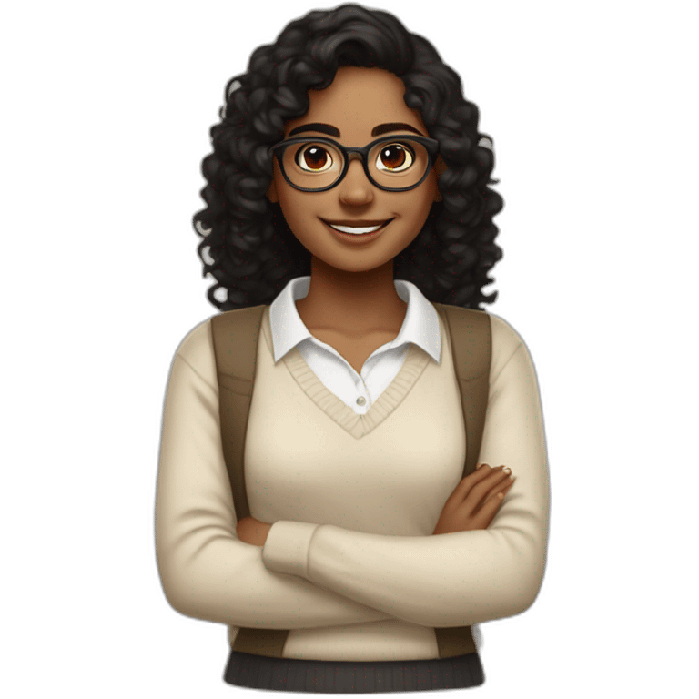 smiling dark skin indian teenage girl with black curly hair and glasses wearing a collared long sleeve white shirt under a beige v shaped collar sweatervest with no buttons emoji