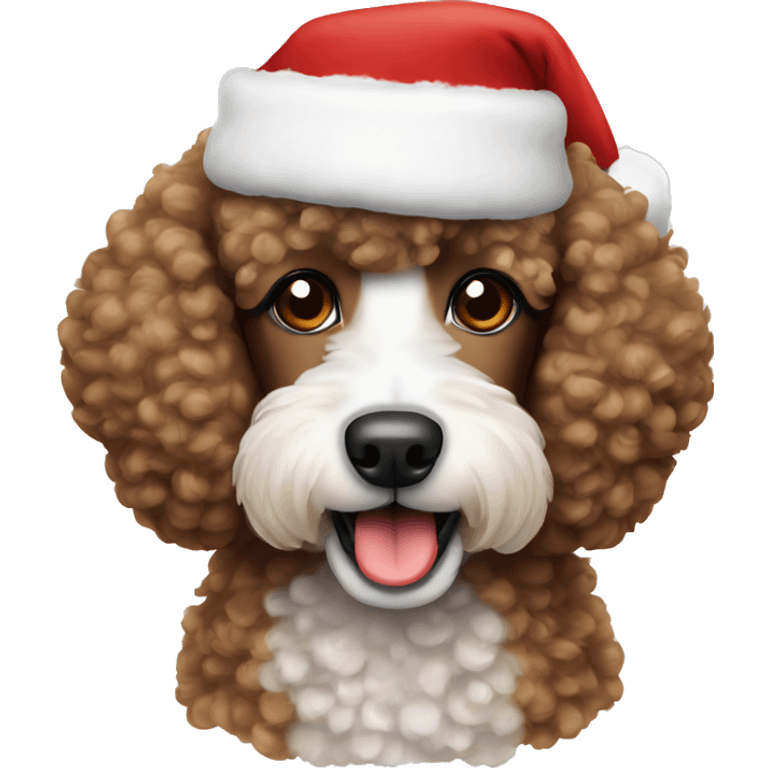 Brown and white Poodle wearing a Santa hat emoji