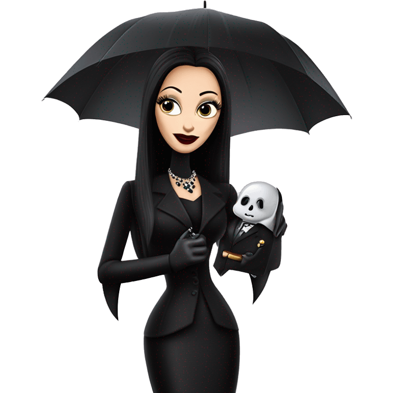 Fun Morticia Addams at a rainy funeral holding umbrella. funeral veil,gloves, holding small clutch.Gal on the Go Barbie  emoji