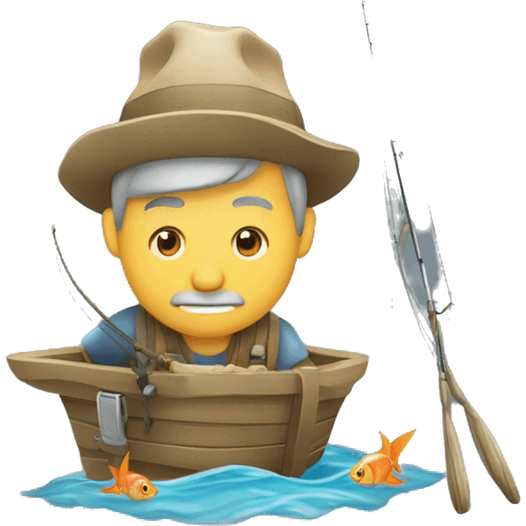 pescador sentado no barrando em frente ao rio com peixe fisgado emoji