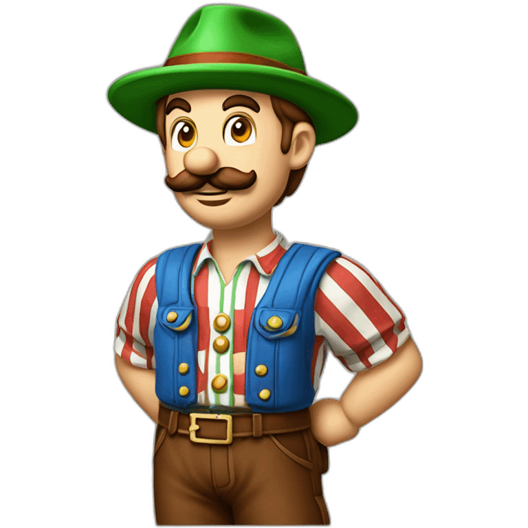 bavarian octoberfest visitor in super mario style. With a green hat, blue and white stripes shirt and brown leather pants.  emoji