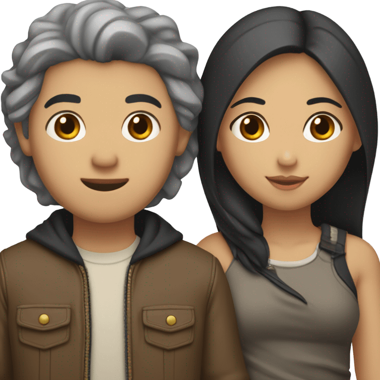 a couple holding hands. the guy has black middle part hair and is Persian and Filipino mix, wearing a jacket. the girl has brown hair white and asian mix, wearing a crop top. emoji