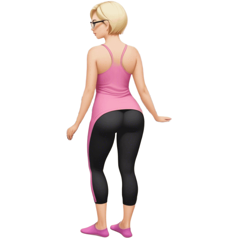 Render from knees up, view from the back, fair skinned woman, curvy, short blond hair, small reading glasses, cooking dinner in kitchen, pink loose tank top, showing natural B cup breast shape SFW, black yoga pants, large curvy booty emoji