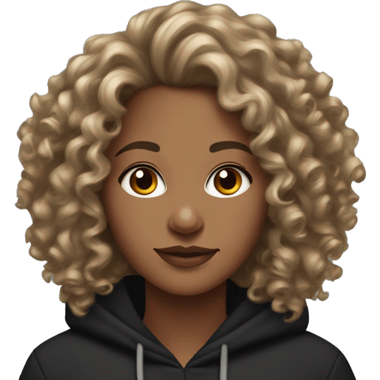 Curly haired medium skin tone woman with a black hoodie and hoop earrings  emoji