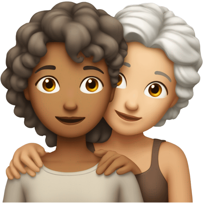 Short Mum with white hair and tanned daughter with brown curly hair hugging emoji