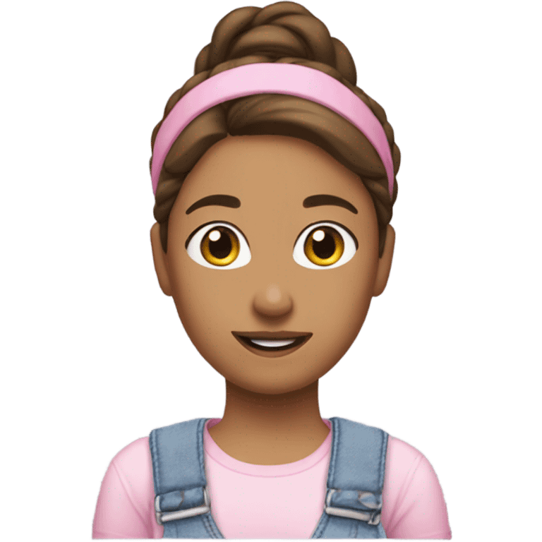 A skin white woman with brown hair in pony tail wearing white headband, pink t shirt and overalls  emoji