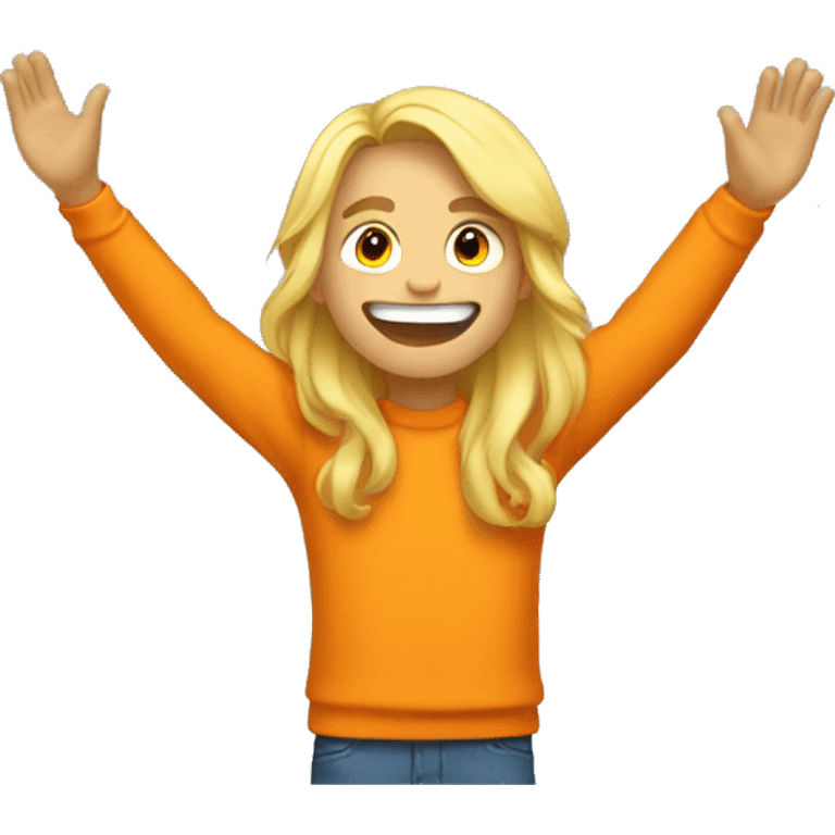 a teenager who only sees his torso and who has long blond hair and a yellow sweater and an orange backpack who has a big smile and who raises his arms in the air while looking up emoji