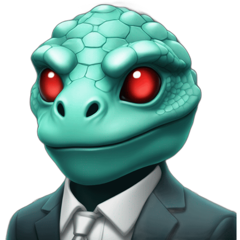 Aquamarine reptilian in classic black suite with red laser eyes on the middle of platinum coin emoji