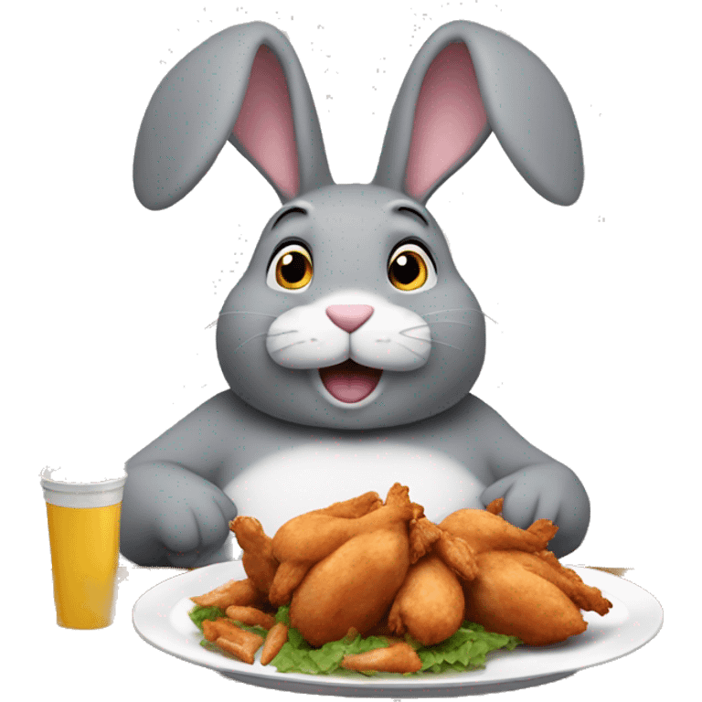 Fat gray bunny with big ears eating chicken wings and is sitting on a table  emoji