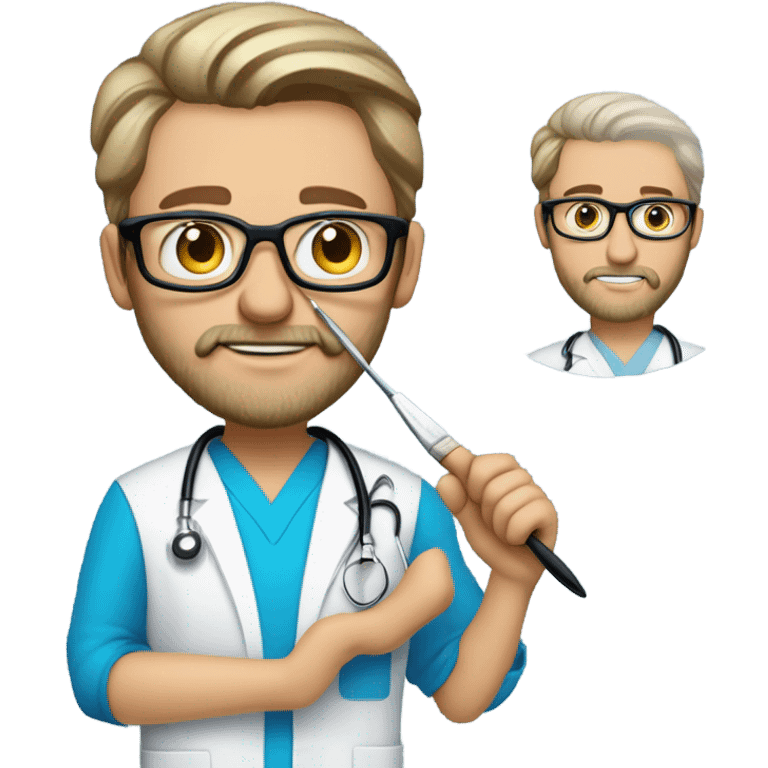 male dark blond haired doctor with grey van dyke beard with hazel eyes and small wire-rimmed glasses in blue scrubs holding a large paintbrush and jigsaw emoji