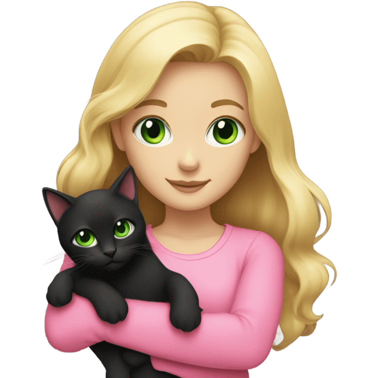 blonde girl wearing pink with green eyes holding a black cat  emoji