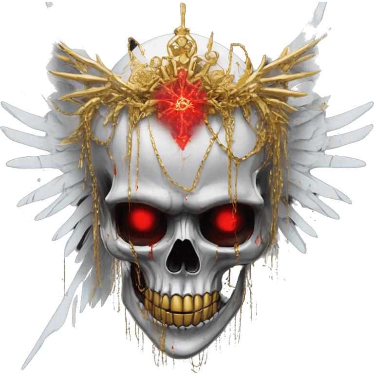 White skeleton zombie person covered in golden chains and black graffiti scribbles and red and silver doodles wings made of neon lightning snowing snowflakes crown made of snowflakes  emoji