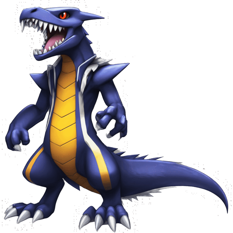 Black, Modern, Cool, Edgy, Badass Punk-style Garchomp-Sergal Fakémon-Digimon with sharp edgy striking detailed stripe-markings,  full body emoji