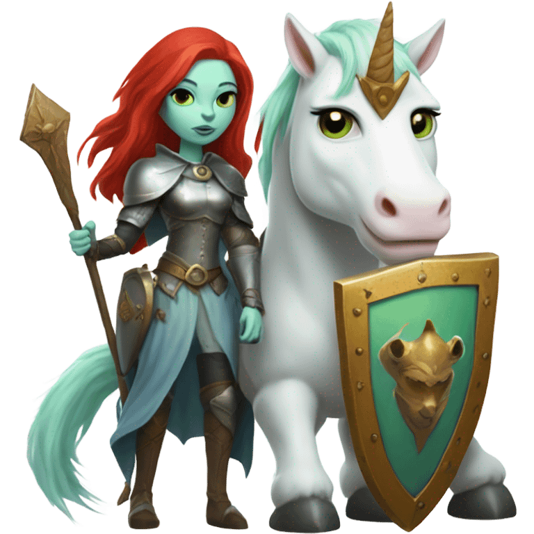 medieval shield: ([politically incorrect, (
	{ female, alien, witch, color: light green, hair:red, eyes:cat} ]
	on a 
	[{ unicorn: white, legged:four, mane: light blue }])) emoji