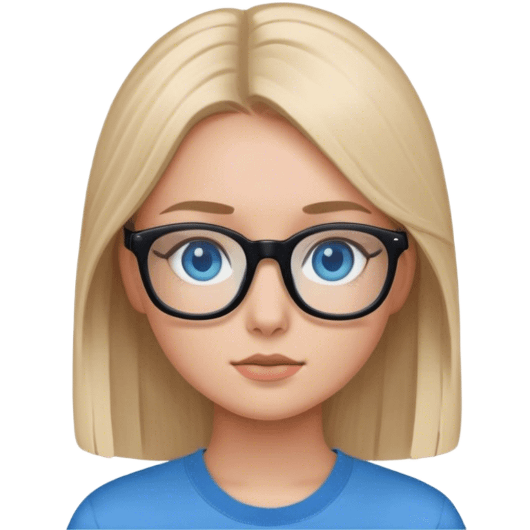 Blonde girl with straight hair blue eyes and black glasses with a blue shurt emoji