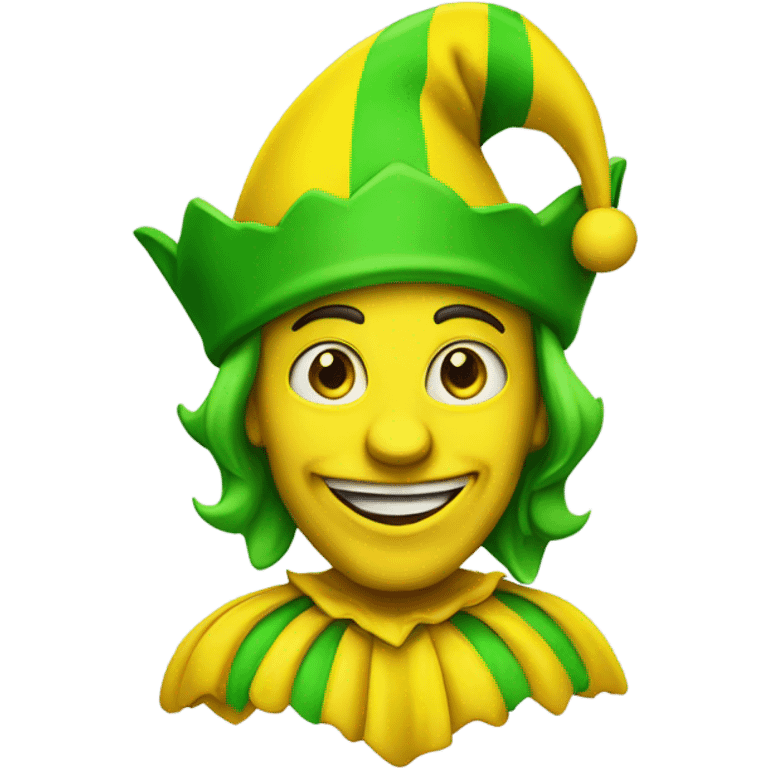 A yellow jester who is wearing green emoji