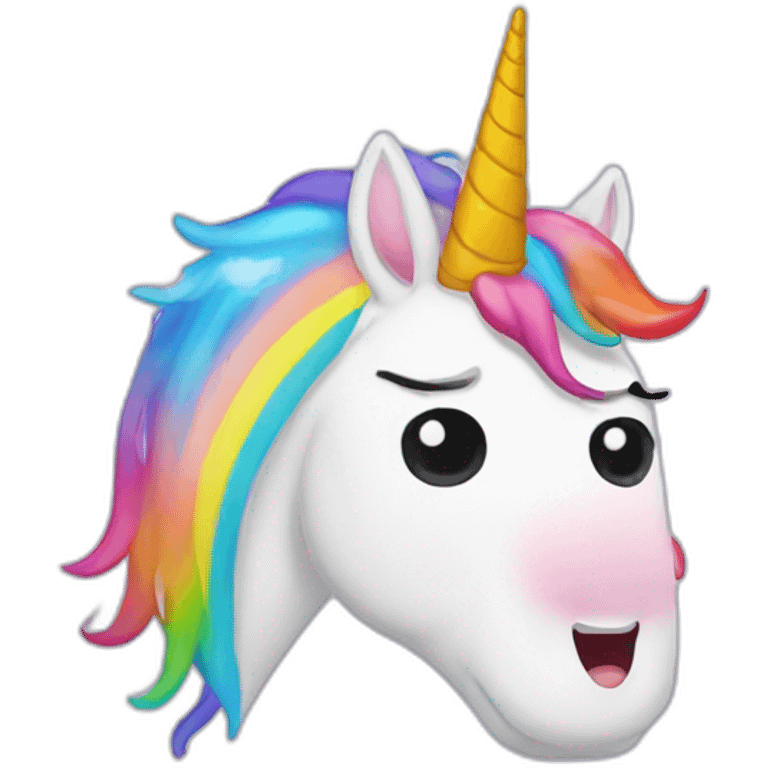 Upsidedown crying unicorn with rainbow horn emoji