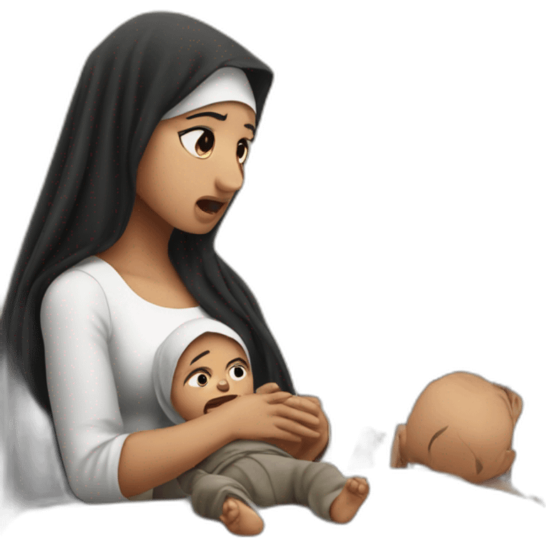 photorealistic angry arab in palestinian outfit looking at baby in crib emoji