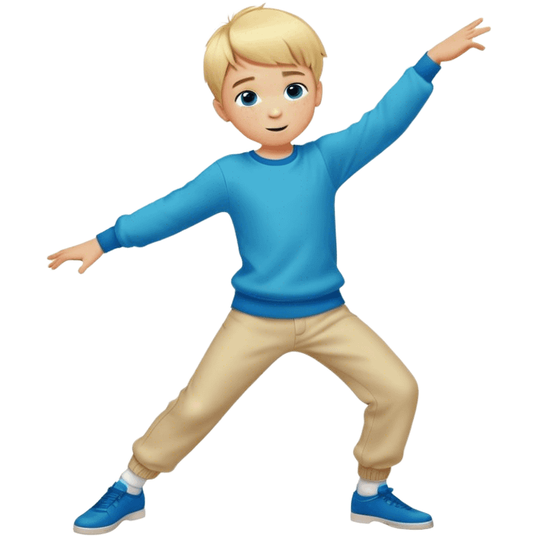 A full-body cartoon-style illustration of an 8-year-old boy with short blonde hair, designed in a vibrant . His bangs fall simply forward onto his forehead. He has blue eyes, freckles, and a friendly smile on his round face. The figure is depicted performing a dab dance move (dabbing pose)  emoji