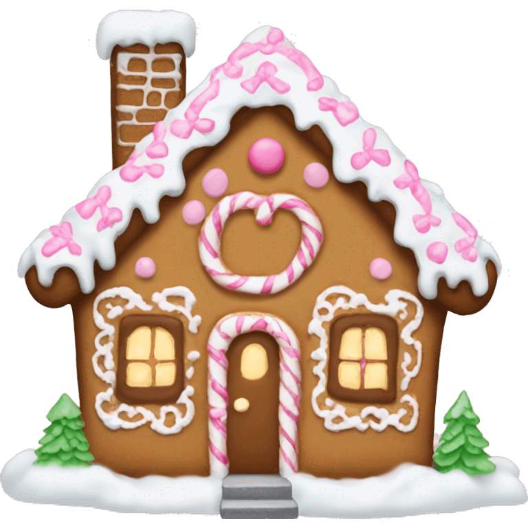 Christmas gingerbread house with soft pink bows and lots of snow   emoji