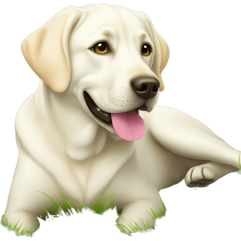 white labrador is laying on grass emoji