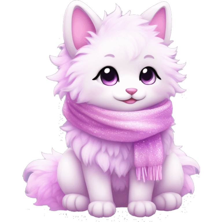 Kawaii cute gorgeous colorful sparkly bright light pastel lilac-pink-white-gradient fantasy ethereal fluffy fursona animal creature with a cute scarf full body emoji