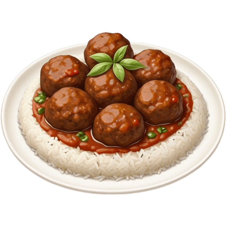 Kofte Cinematic Realistic Kofte Dish Emoji, depicted as spiced meatballs served alongside a portion of fragrant rice, rendered with rich textures and warm, appetizing lighting. emoji