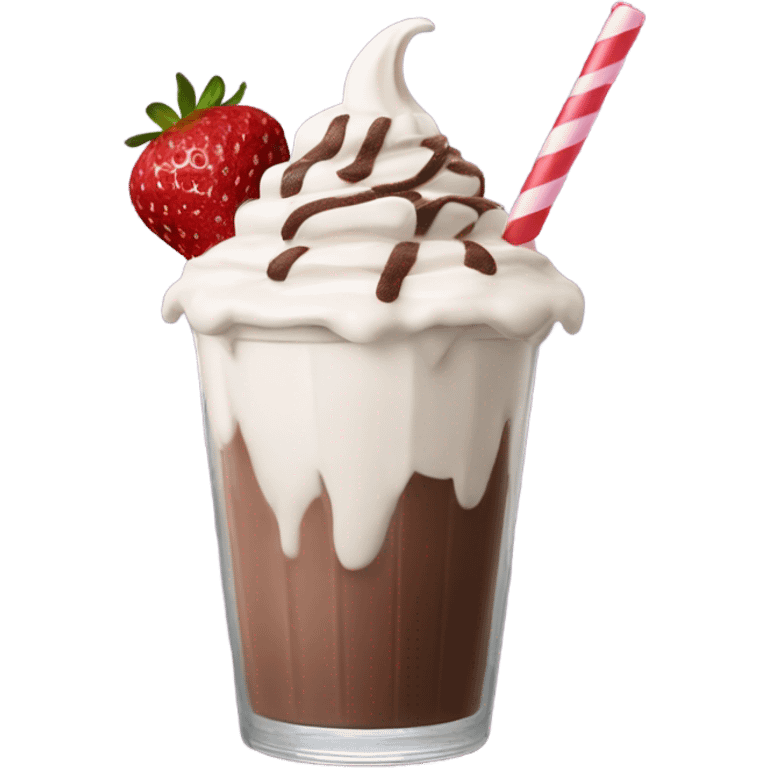 chocholate milkshake with whipping cream, straw and strawberries  emoji