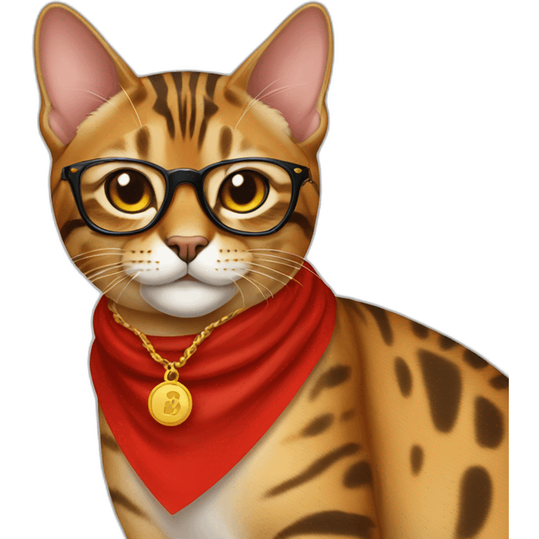 a Bengal cat wearing glasses with a golden chain around its neck, smiling with red flag emoji