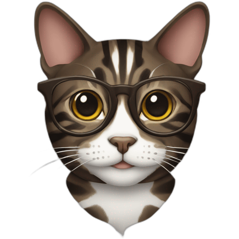 Striped wenge domestic shorthair cat head with white mouth wearing glasses emoji