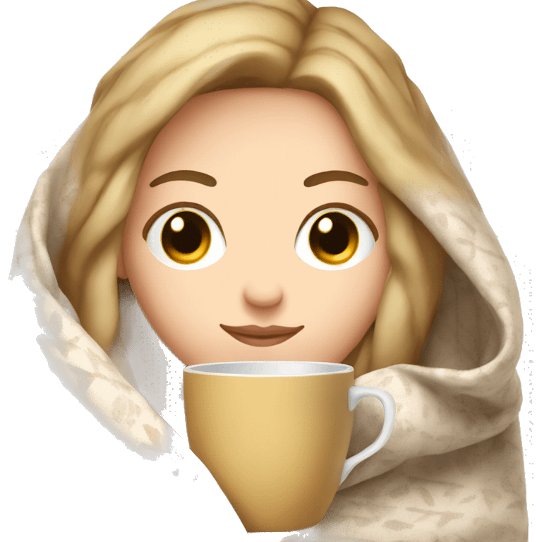 White girl inside a blanket sipping coffee eyes closed emoji