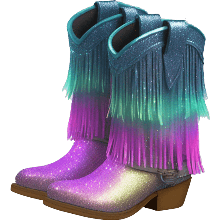 Realistic Northern Lights pair of fashion cowgirl boots with sparkly shiny glitter fringe on them. emoji