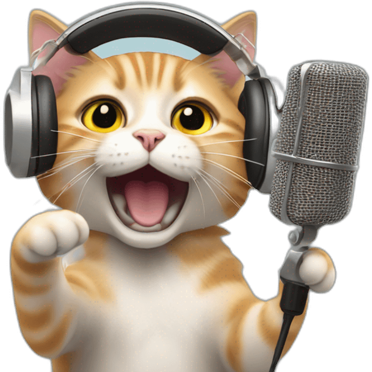 cat wearing headphones shouting and singing in front of microphones, blurred image emoji